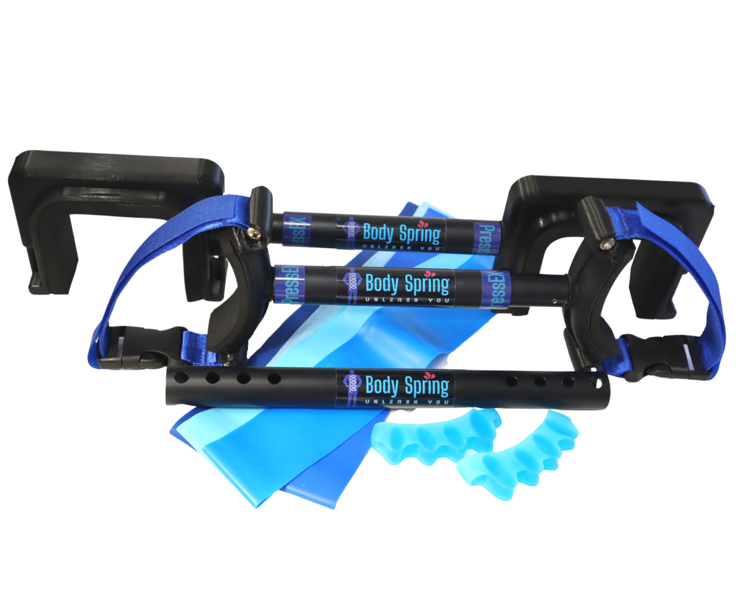 PressEX Bars front, used for fascia exericse, fascia release, and myofascial stretching. Developed by a doctor of physical therapy. Use pressure and pressure points to release your feet, hips, shoulders, back and other joints